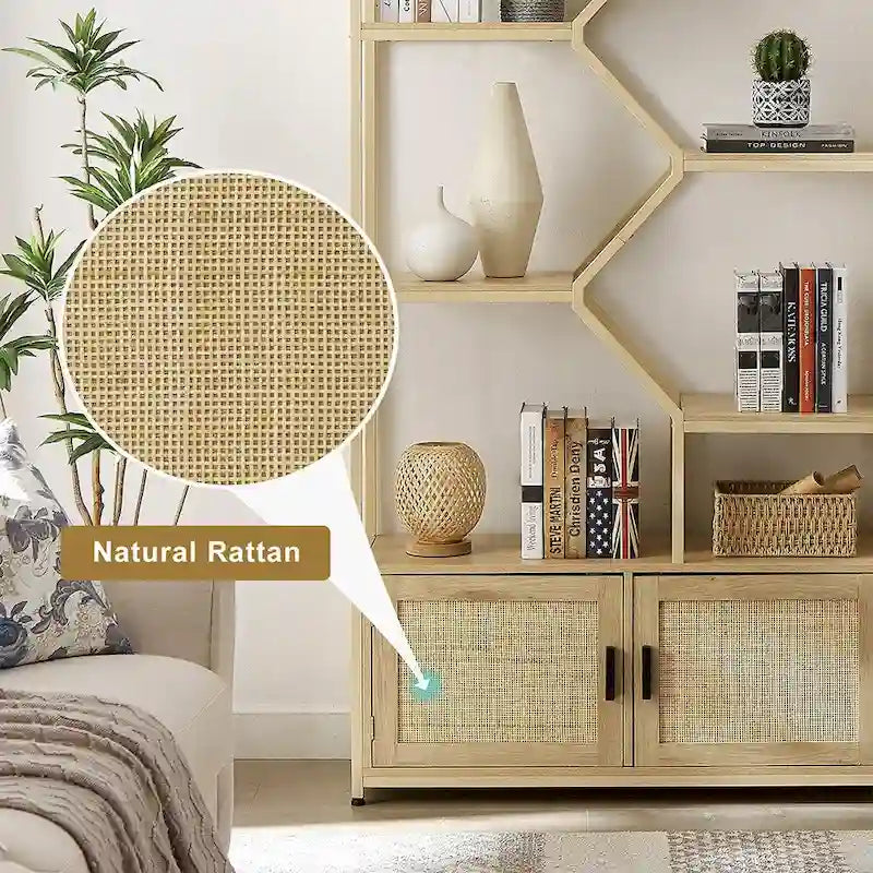 Étagère de présentation 7 niveaux en rotin avec meuble de rangement