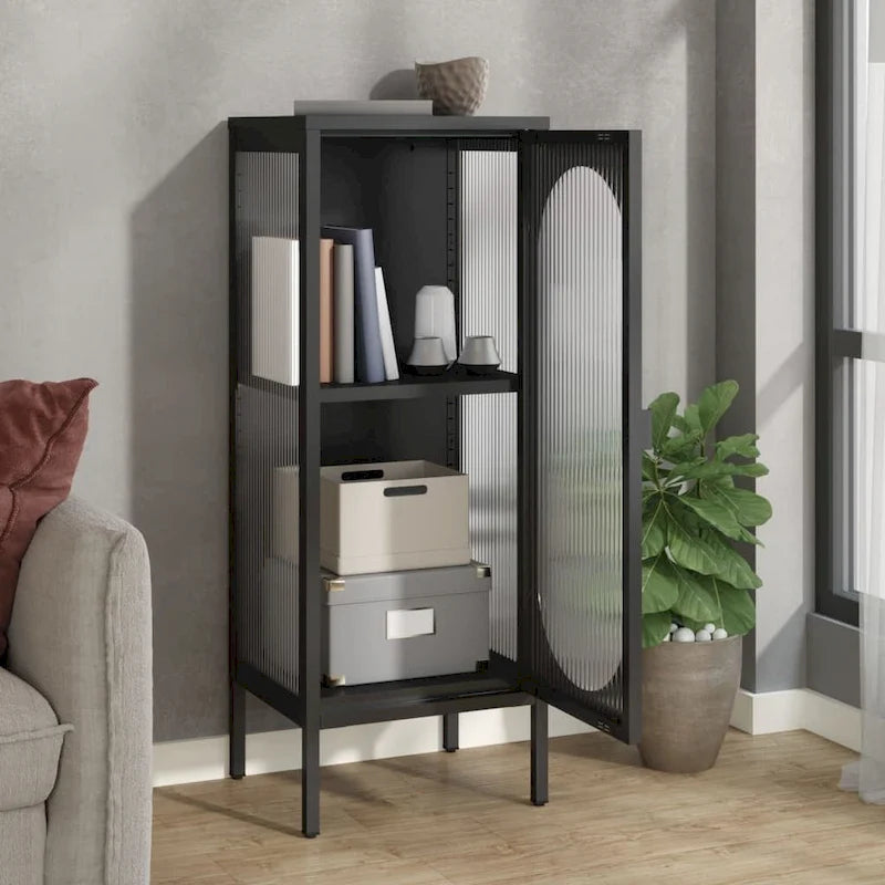 Buffet moderne noir avec portes en verre cannelé et cadre en acier, 39,9 x 35,1 x 104,9 cm