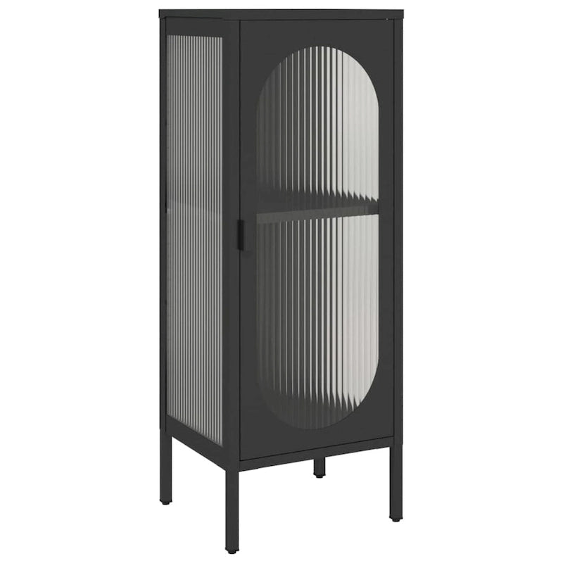 Buffet moderne noir avec portes en verre cannelé et cadre en acier, 39,9 x 35,1 x 104,9 cm