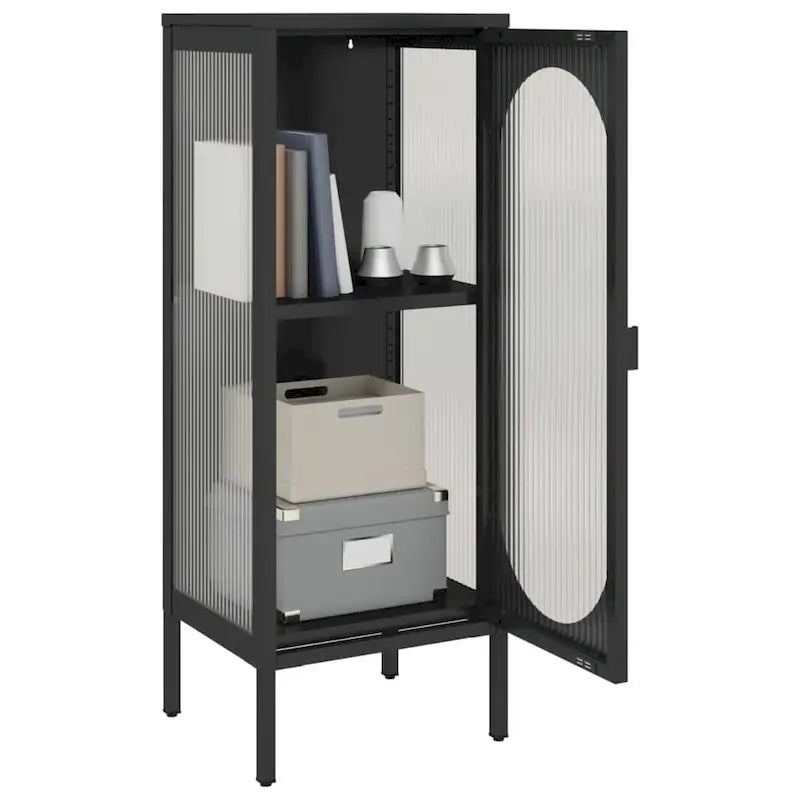 Buffet moderne noir avec portes en verre cannelé et cadre en acier, 39,9 x 35,1 x 104,9 cm
