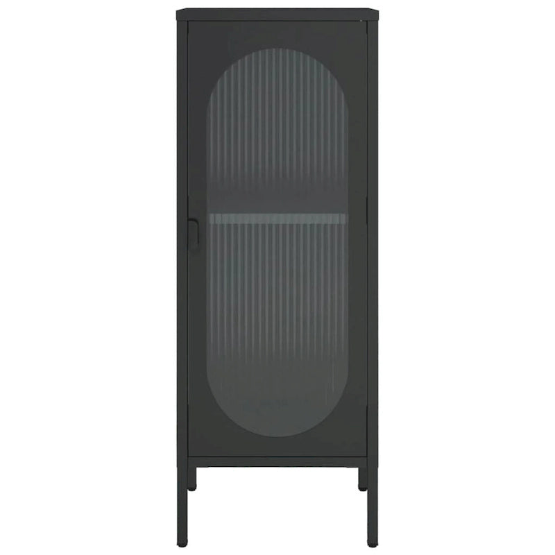 Buffet moderne noir avec portes en verre cannelé et cadre en acier, 39,9 x 35,1 x 104,9 cm