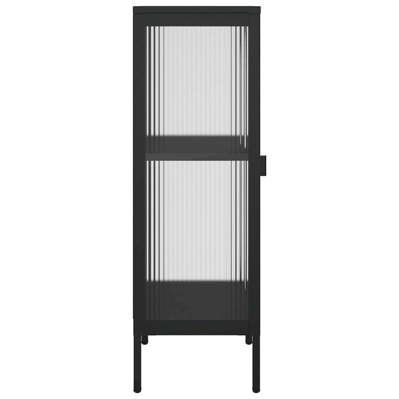 Buffet moderne noir avec portes en verre cannelé et cadre en acier, 39,9 x 35,1 x 104,9 cm