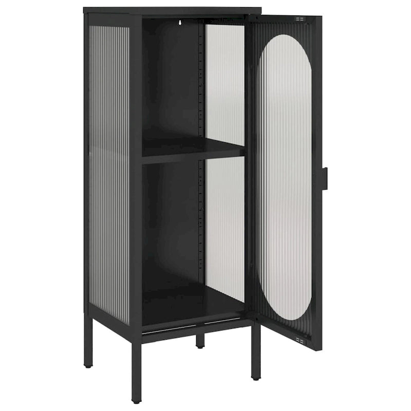 Buffet moderne noir avec portes en verre cannelé et cadre en acier, 39,9 x 35,1 x 104,9 cm