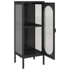 Buffet moderne noir avec portes en verre cannelé et cadre en acier, 39,9 x 35,1 x 104,9 cm