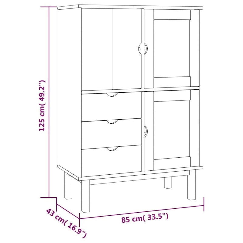 Buffet haut en pin massif avec 3 tiroirs et 3 compartiments à portes, 85x43x125 cm
