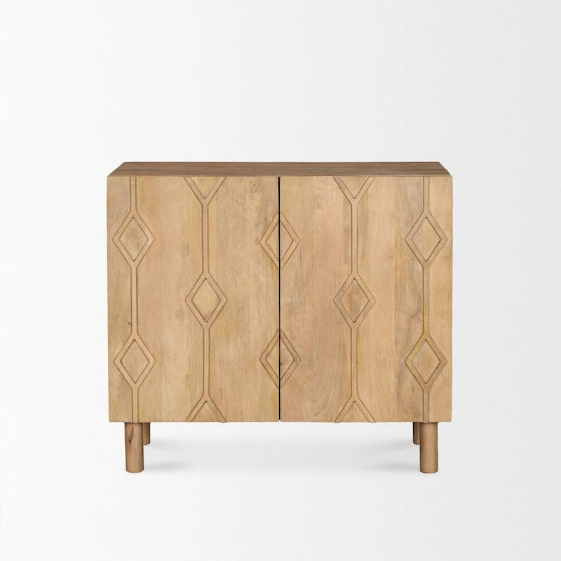 Meuble d'appoint en bois massif brun clair avec portes à motif losanges sculptés CNC et étagère, 36x16x32 po