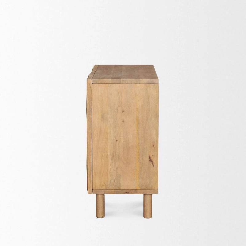 Meuble d'appoint en bois massif brun clair avec portes à motif losanges sculptés CNC et étagère, 36x16x32 po