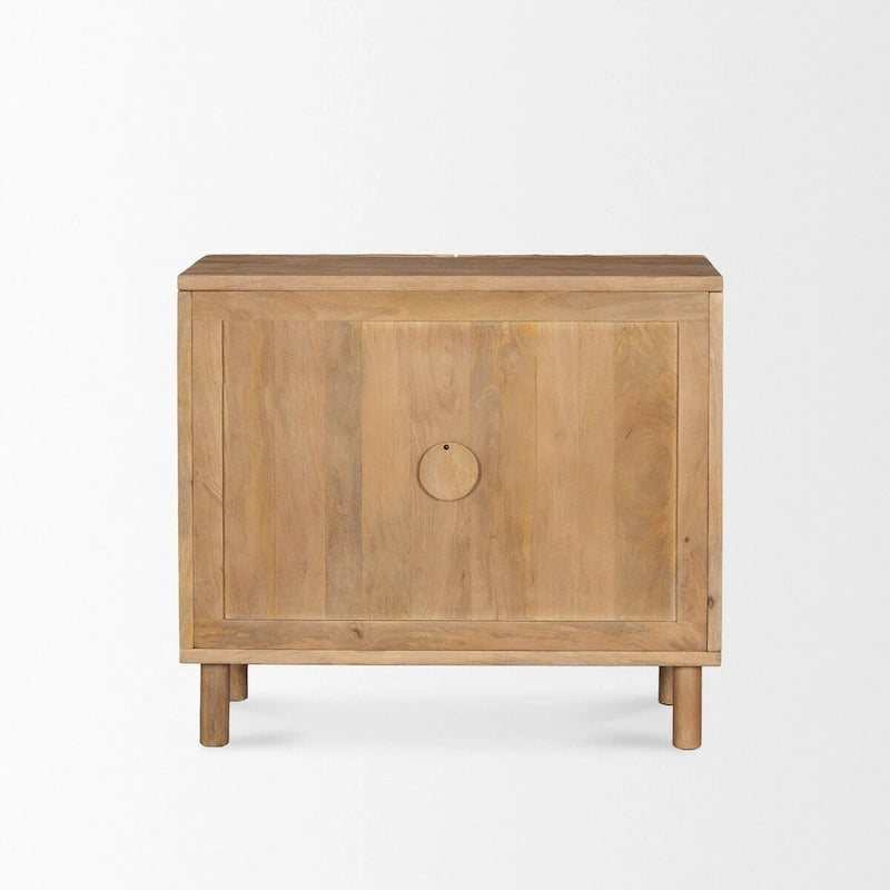Meuble d'appoint en bois massif brun clair avec portes à motif losanges sculptés CNC et étagère, 36x16x32 po