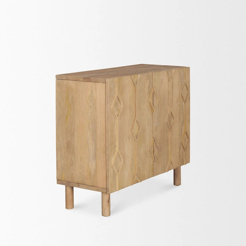 Meuble d'appoint en bois massif brun clair avec portes à motif losanges sculptés CNC et étagère, 36x16x32 po