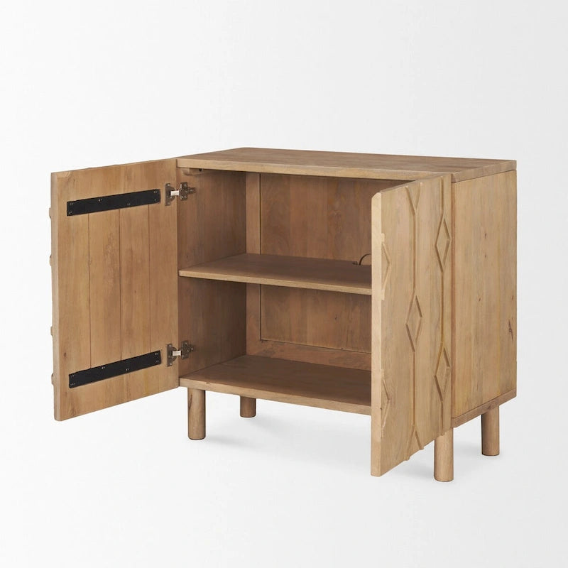 Meuble d'appoint en bois massif brun clair avec portes à motif losanges sculptés CNC et étagère, 36x16x32 po