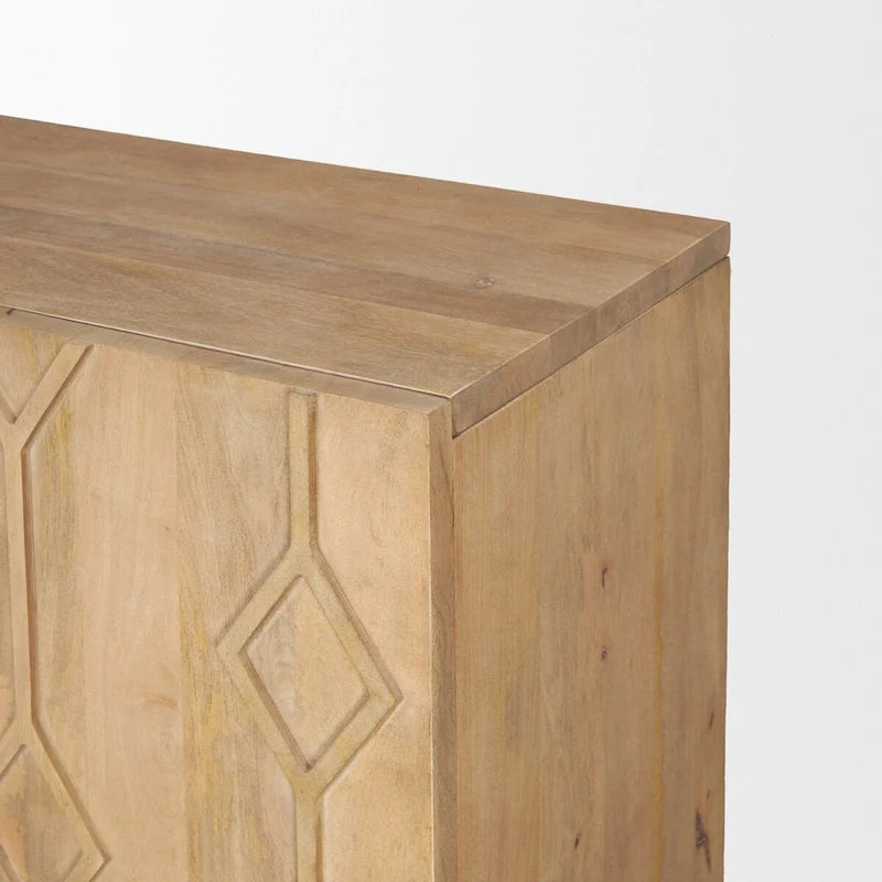 Meuble d'appoint en bois massif brun clair avec portes à motif losanges sculptés CNC et étagère, 36x16x32 po