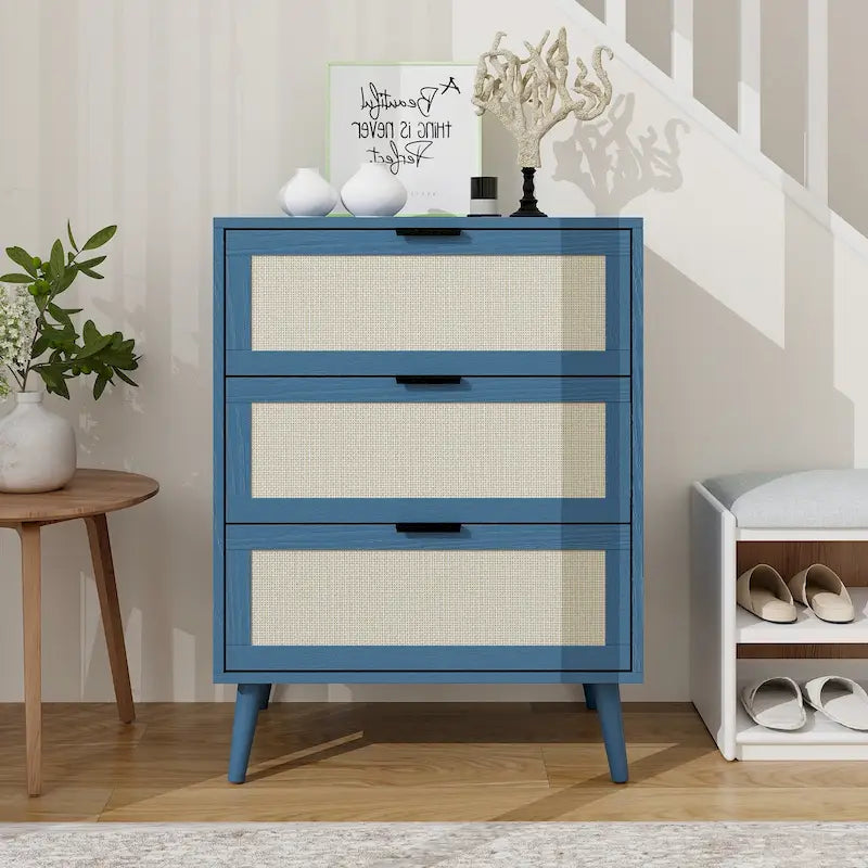 Commode de rangement à 3 tiroirs en rotin avec pieds en bois de pin, style minimaliste moderne, 23,6x15,4x30,5 po