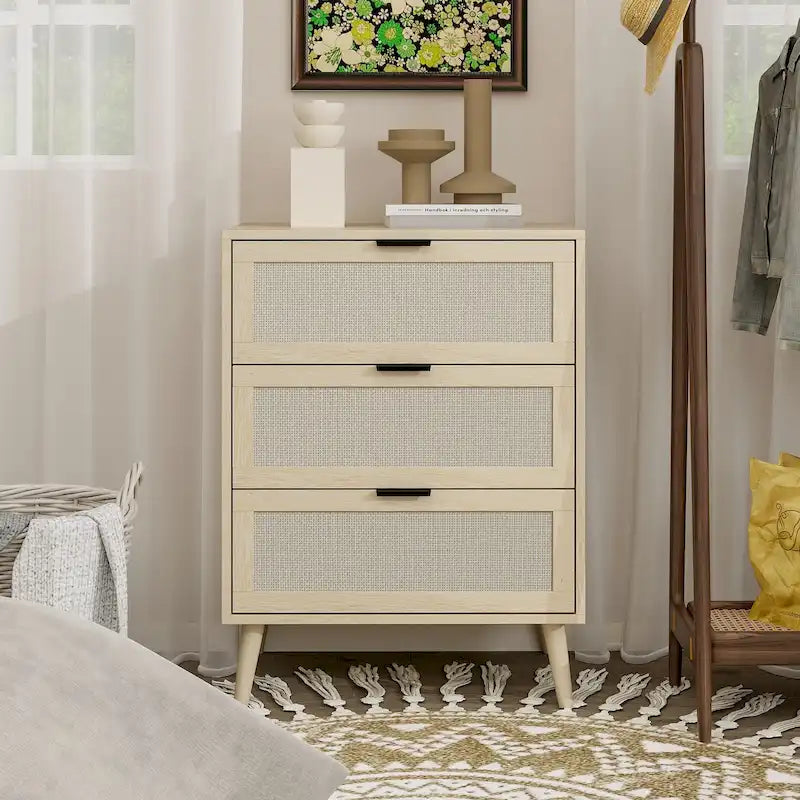 Commode de rangement à 3 tiroirs en rotin avec pieds en bois de pin, style minimaliste moderne, 23,6x15,4x30,5 po