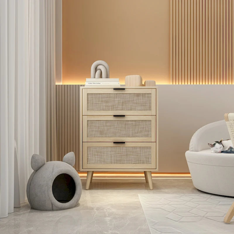 Commode de rangement à 3 tiroirs en rotin avec pieds en bois de pin, style minimaliste moderne, 23,6x15,4x30,5 po