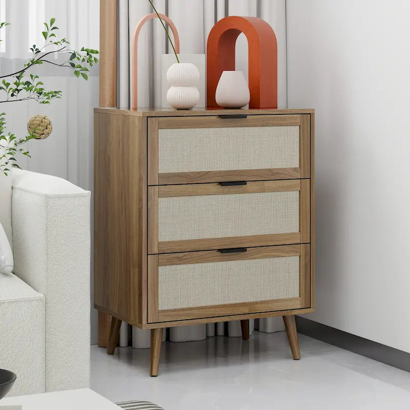 Commode de rangement à 3 tiroirs en rotin avec pieds en bois de pin, style minimaliste moderne, 23,6x15,4x30,5 po