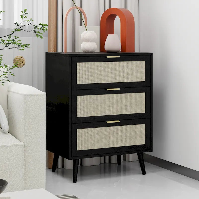 Commode de rangement à 3 tiroirs en rotin avec pieds en bois de pin, style minimaliste moderne, 23,6x15,4x30,5 po
