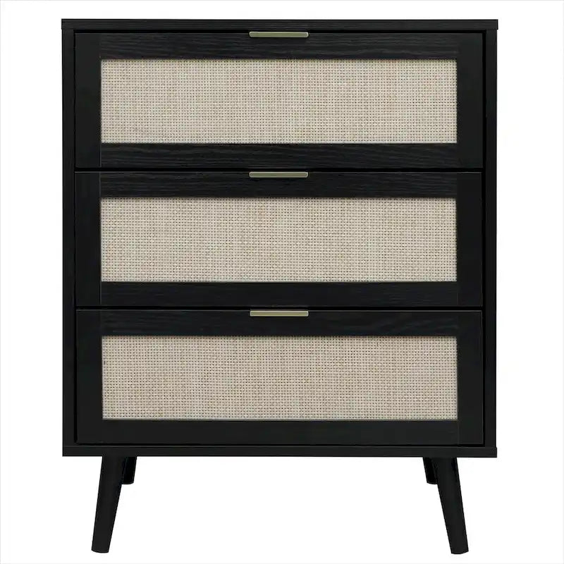 Commode de rangement à 3 tiroirs en rotin avec pieds en bois de pin, style minimaliste moderne, 23,6x15,4x30,5 po