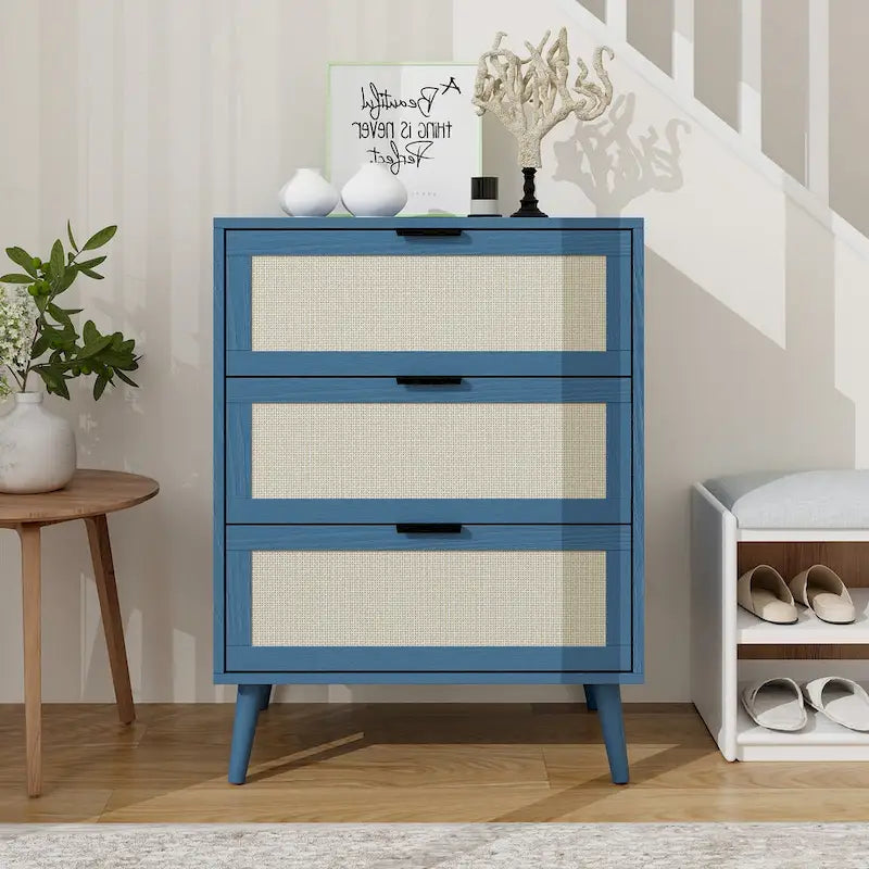 Commode de rangement à 3 tiroirs en rotin avec pieds en bois de pin, style minimaliste moderne, 23,6x15,4x30,5 po