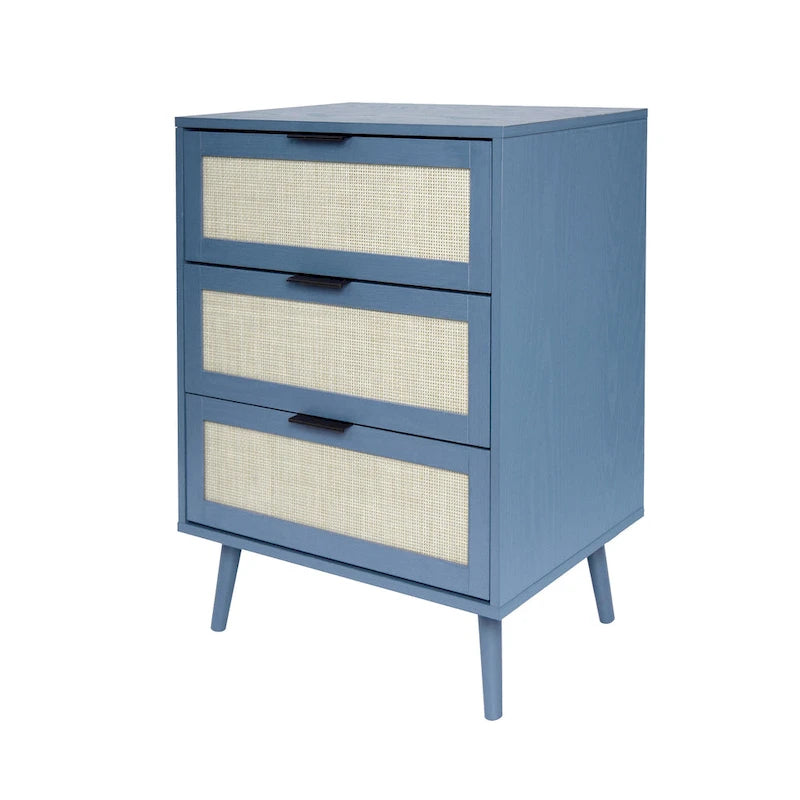 Commode de rangement à 3 tiroirs en rotin avec pieds en bois de pin, style minimaliste moderne, 23,6x15,4x30,5 po