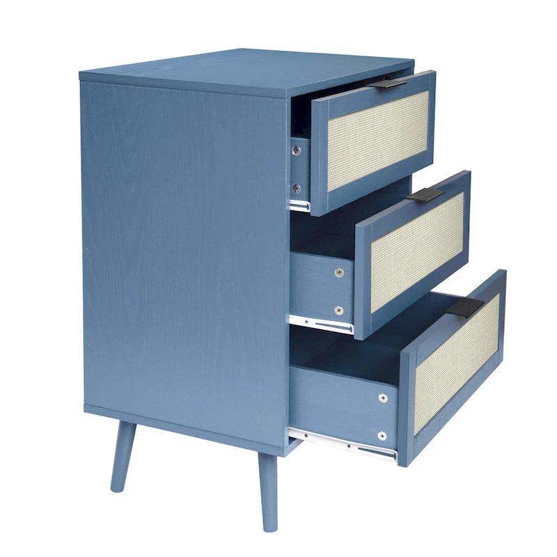 Commode de rangement à 3 tiroirs en rotin avec pieds en bois de pin, style minimaliste moderne, 23,6x15,4x30,5 po