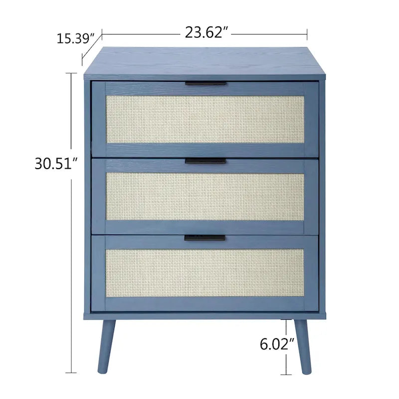Commode de rangement à 3 tiroirs en rotin avec pieds en bois de pin, style minimaliste moderne, 23,6x15,4x30,5 po