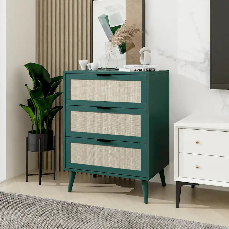 Commode de rangement à 3 tiroirs en rotin avec pieds en bois de pin, style minimaliste moderne, 23,6x15,4x30,5 po