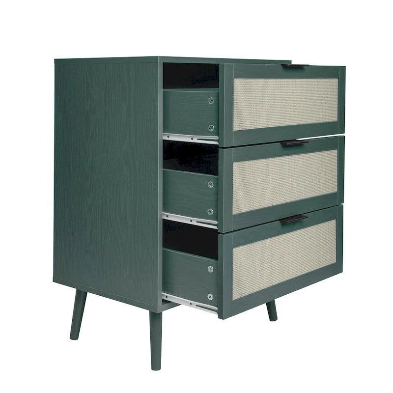 Commode de rangement à 3 tiroirs en rotin avec pieds en bois de pin, style minimaliste moderne, 23,6x15,4x30,5 po