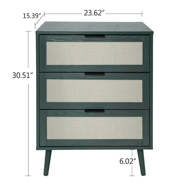 Commode de rangement à 3 tiroirs en rotin avec pieds en bois de pin, style minimaliste moderne, 23,6x15,4x30,5 po
