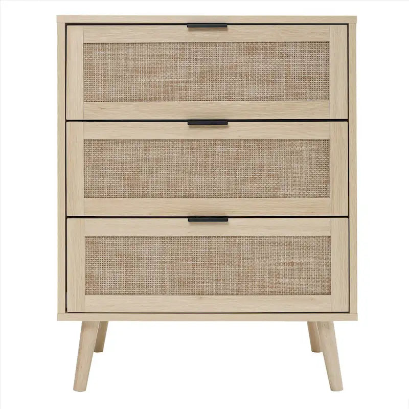 Commode de rangement à 3 tiroirs en rotin avec pieds en bois de pin, style minimaliste moderne, 23,6x15,4x30,5 po