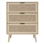Commode de rangement à 3 tiroirs en rotin avec pieds en bois de pin, style minimaliste moderne, 23,6x15,4x30,5 po