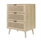 Commode de rangement à 3 tiroirs en rotin avec pieds en bois de pin, style minimaliste moderne, 23,6x15,4x30,5 po