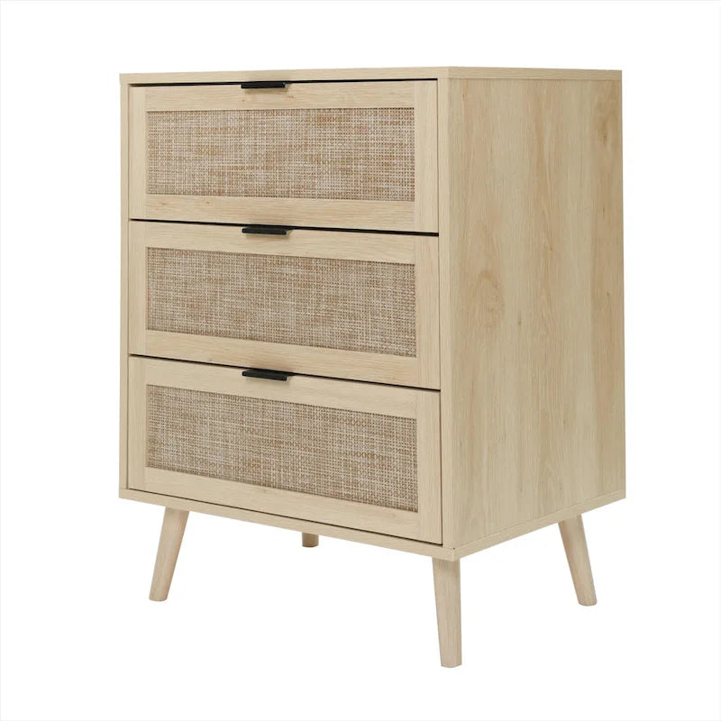 Commode de rangement à 3 tiroirs en rotin avec pieds en bois de pin, style minimaliste moderne, 23,6x15,4x30,5 po