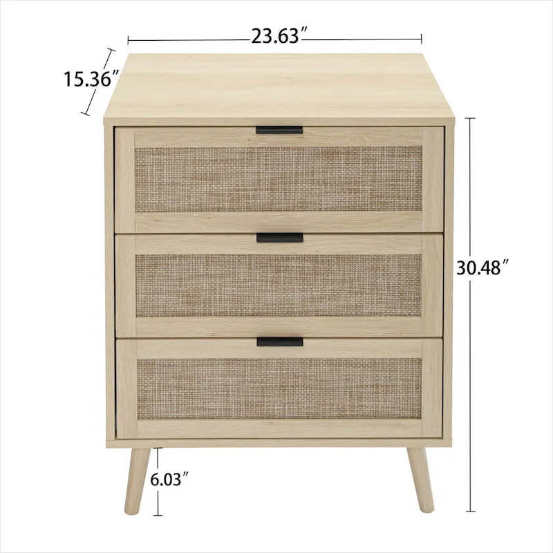 Commode de rangement à 3 tiroirs en rotin avec pieds en bois de pin, style minimaliste moderne, 23,6x15,4x30,5 po