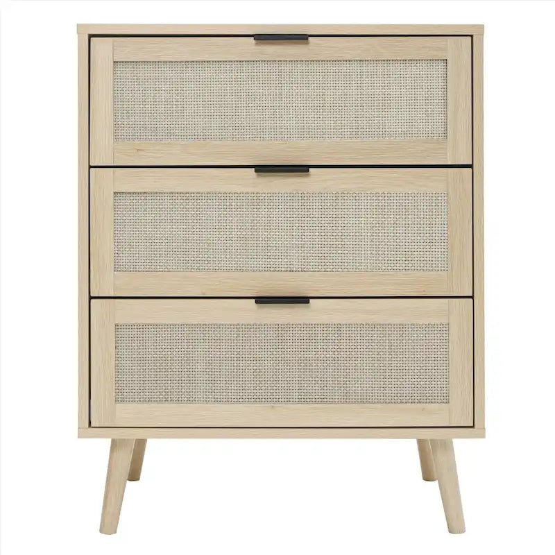 Commode de rangement à 3 tiroirs en rotin avec pieds en bois de pin, style minimaliste moderne, 23,6x15,4x30,5 po