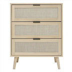 Commode de rangement à 3 tiroirs en rotin avec pieds en bois de pin, style minimaliste moderne, 23,6x15,4x30,5 po