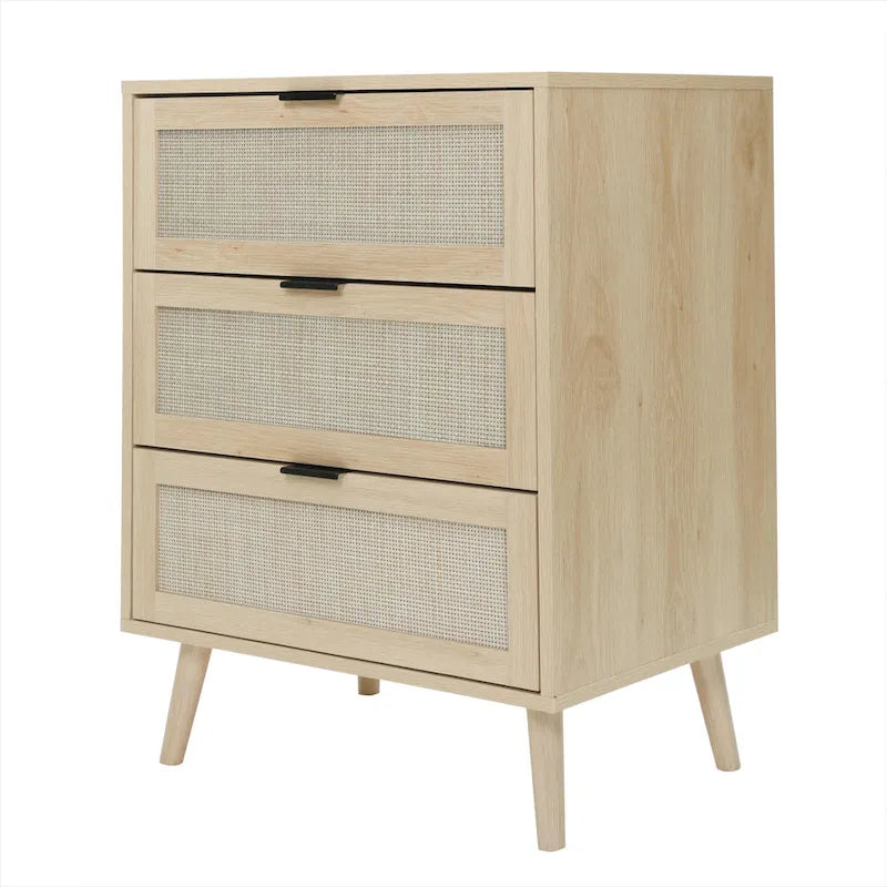 Commode de rangement à 3 tiroirs en rotin avec pieds en bois de pin, style minimaliste moderne, 23,6x15,4x30,5 po