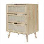 Commode de rangement à 3 tiroirs en rotin avec pieds en bois de pin, style minimaliste moderne, 23,6x15,4x30,5 po