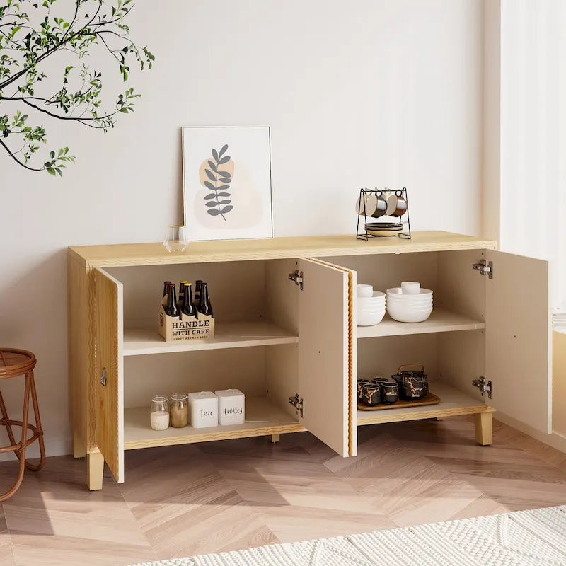 Bahut de rangement de 152 cm, grand buffet avec 4 portes, motif sculpté, meuble d'appoint vintage pour salle à manger