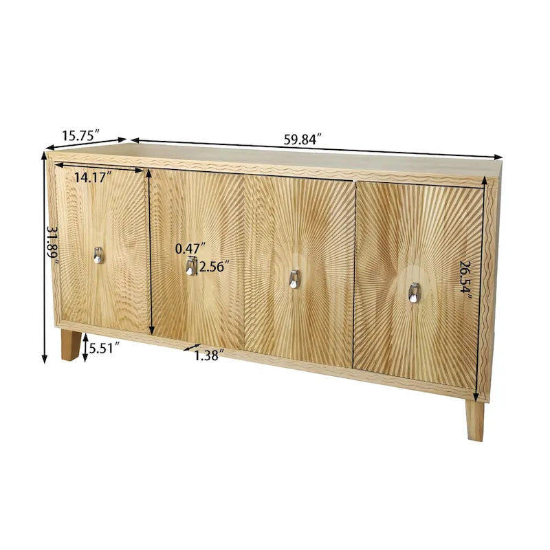 Bahut de rangement de 152 cm, grand buffet avec 4 portes, motif sculpté, meuble d'appoint vintage pour salle à manger