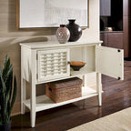 Console 2 portes blanche avec portes à treillis en osier, style ferme côtière, 42x15x36 po