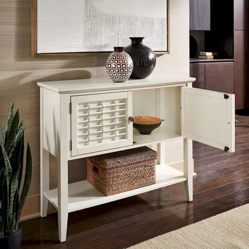 Console 2 portes blanche avec portes à treillis en osier, style ferme côtière, 42x15x36 po