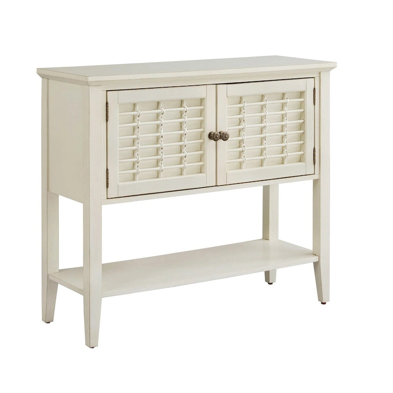 Console 2 portes blanche avec portes à treillis en osier, style ferme côtière, 42x15x36 po