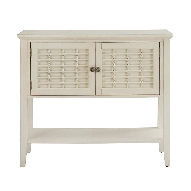 Console 2 portes blanche avec portes à treillis en osier, style ferme côtière, 42x15x36 po