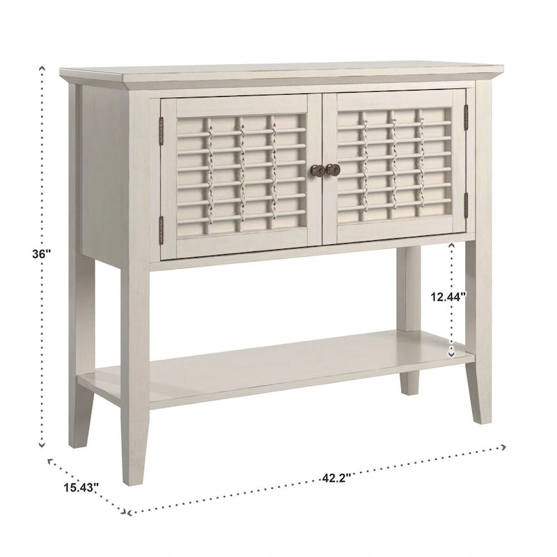 Console 2 portes blanche avec portes à treillis en osier, style ferme côtière, 42x15x36 po
