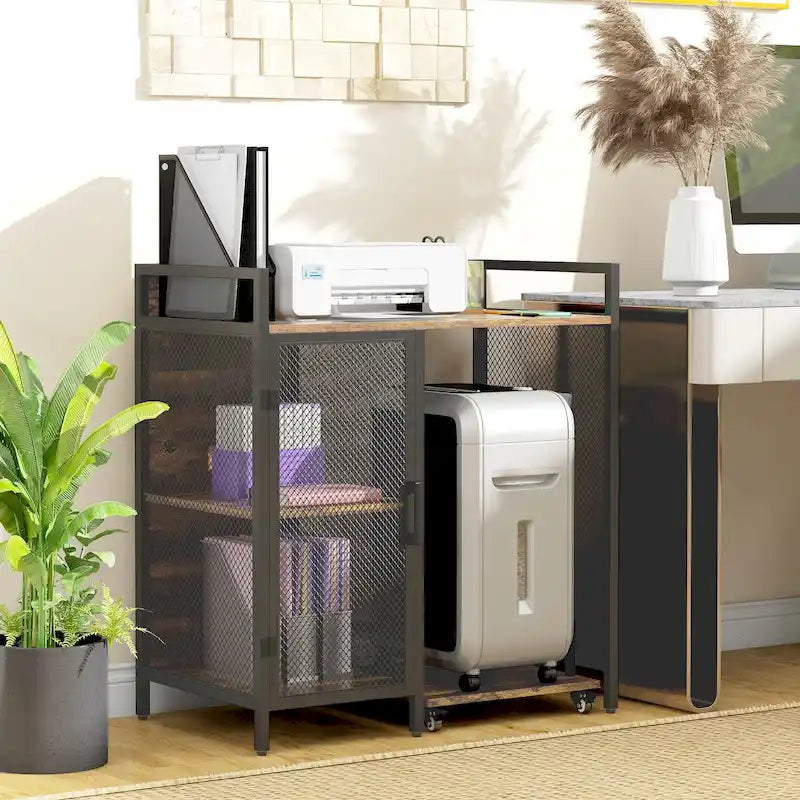 Meuble d'imprimante industriel avec prises et ports de chargement USB, support de CPU roulant, marron rustique