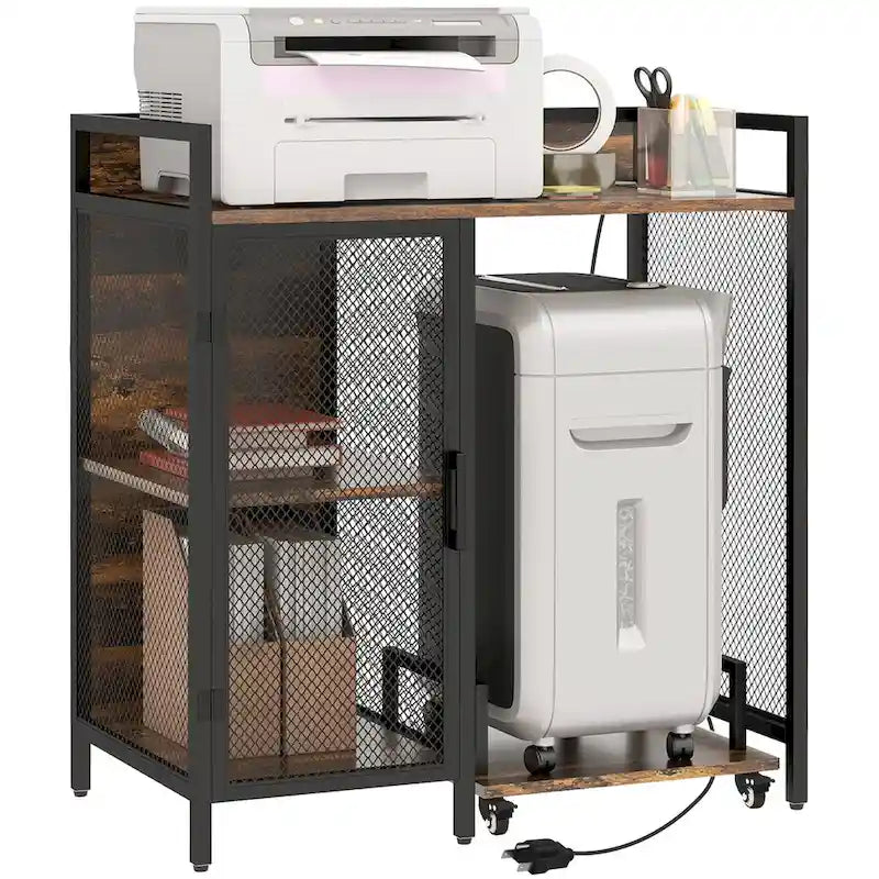 Meuble d'imprimante industriel avec prises et ports de chargement USB, support de CPU roulant, marron rustique