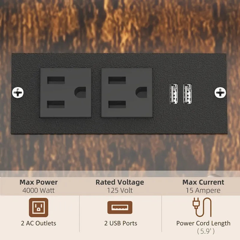 Meuble d'imprimante industriel avec prises et ports de chargement USB, support de CPU roulant, marron rustique