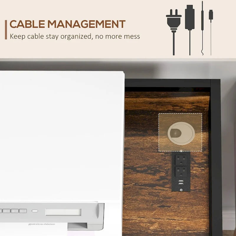 Meuble d'imprimante industriel avec prises et ports de chargement USB, support de CPU roulant, marron rustique