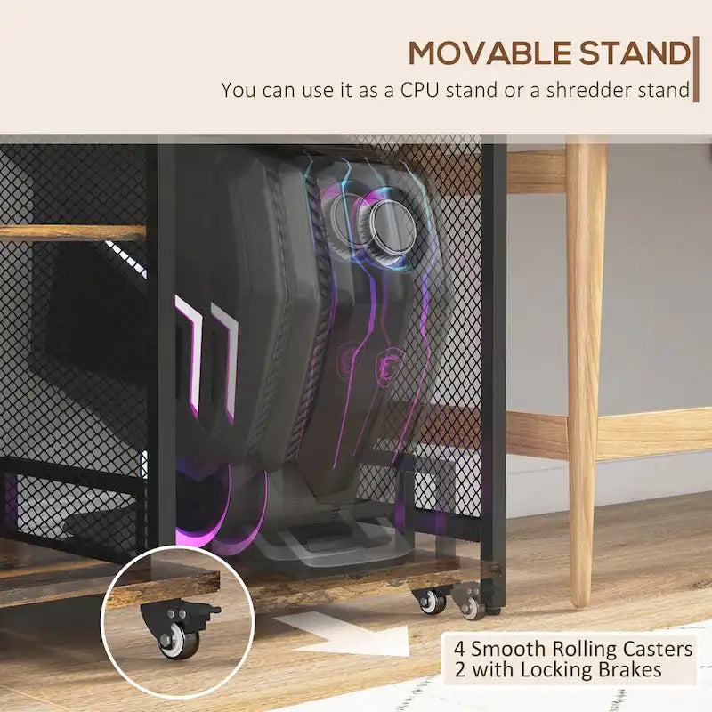 Meuble d'imprimante industriel avec prises et ports de chargement USB, support de CPU roulant, marron rustique