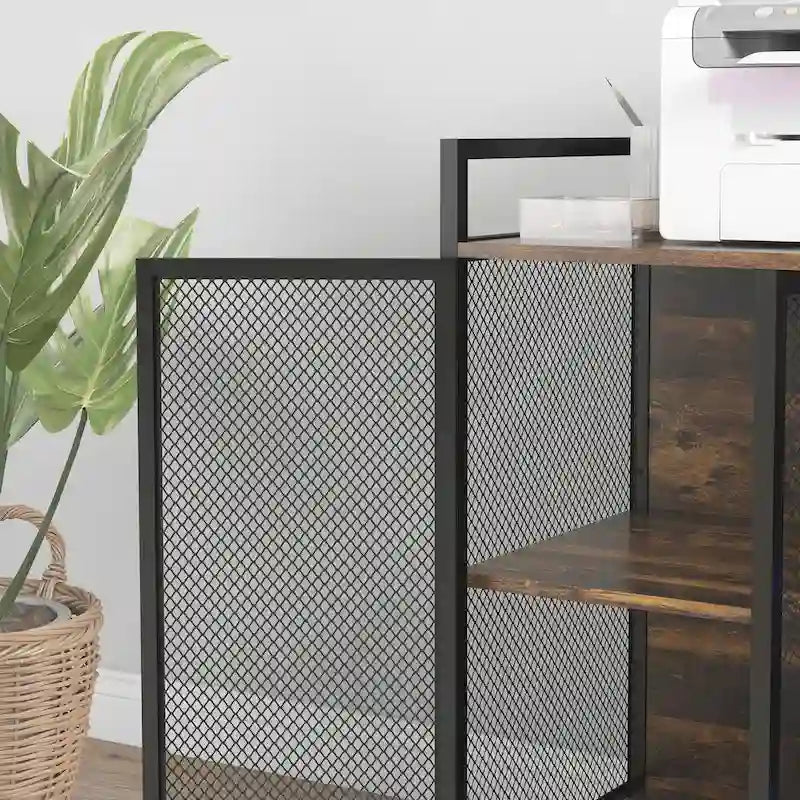 Meuble d'imprimante industriel avec prises et ports de chargement USB, support de CPU roulant, marron rustique